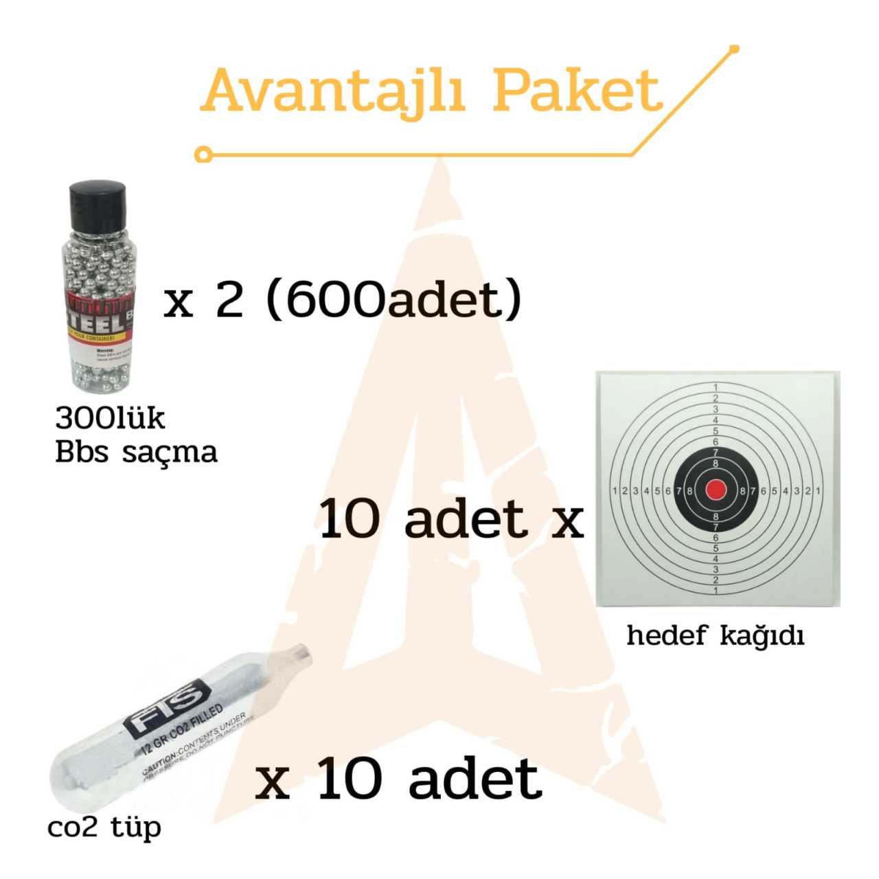12gr co2 Karbon Tüp (10adet) + 4.5mm BB saçma (600 adet)+Hedef Kağıdı (10 adet )