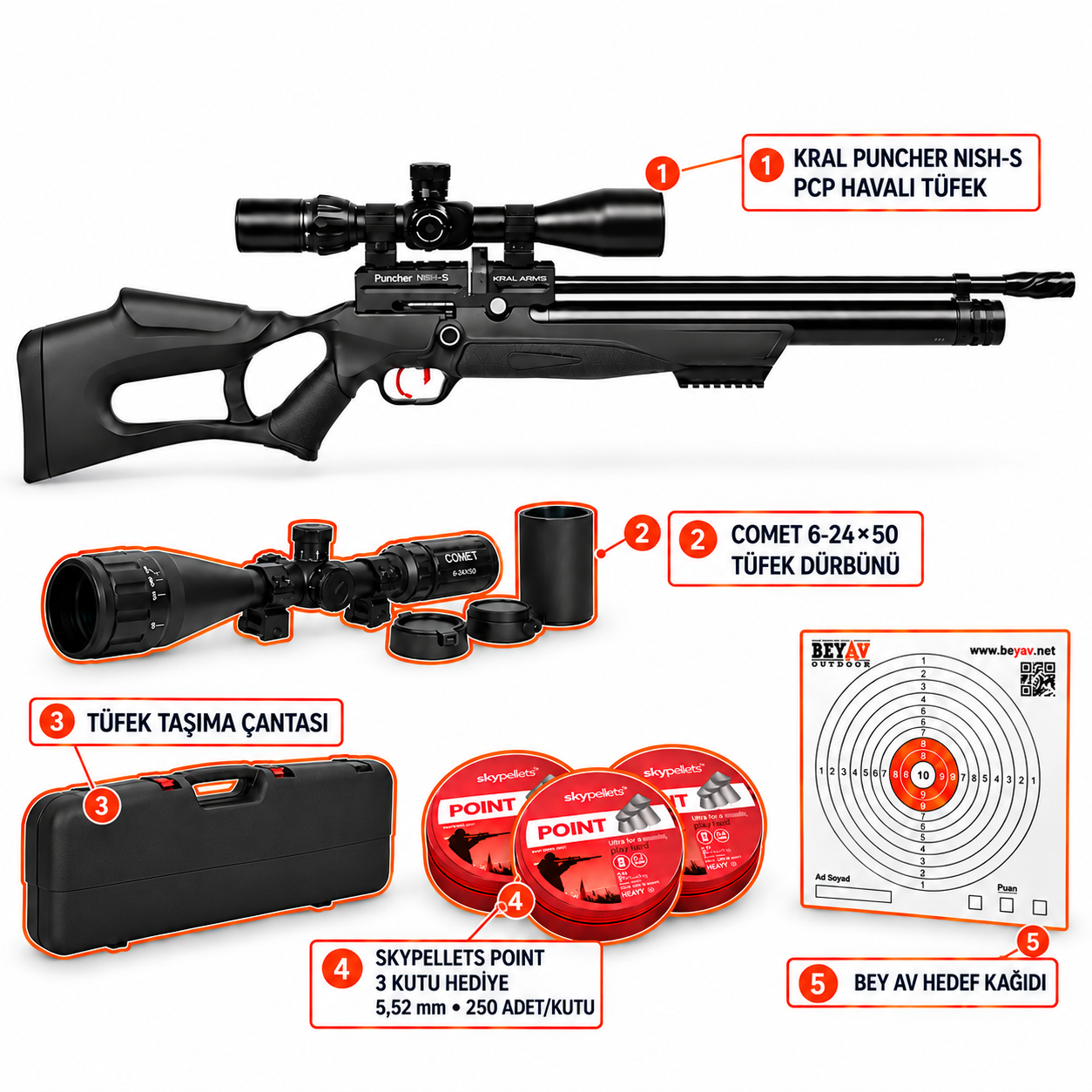 Kral Arms Puncher Nish S 5.5 mm PCP Havalı Tüfek Seti