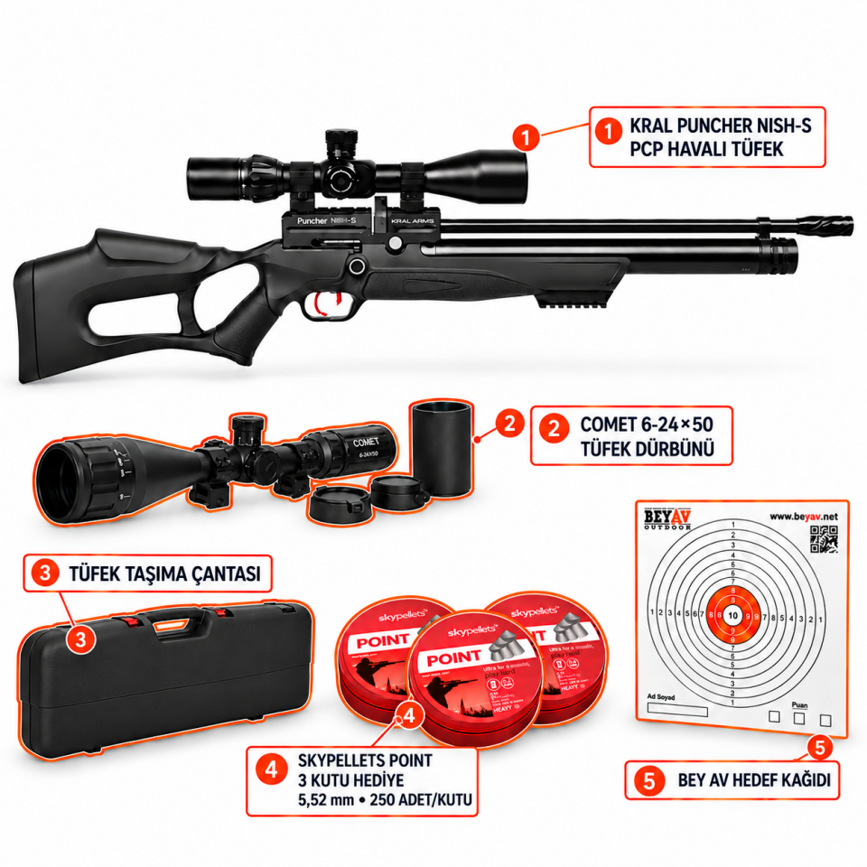 Kral Arms Puncher Nish S 5.5 mm PCP Havalı Tüfek Seti